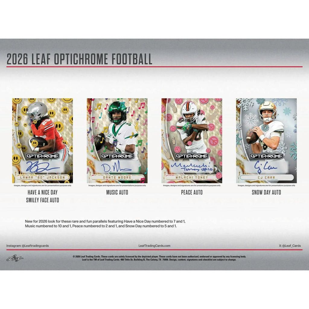 2026 Leaf Optichrome Football Hobby Jumbo Box (Ships Sealed Only)