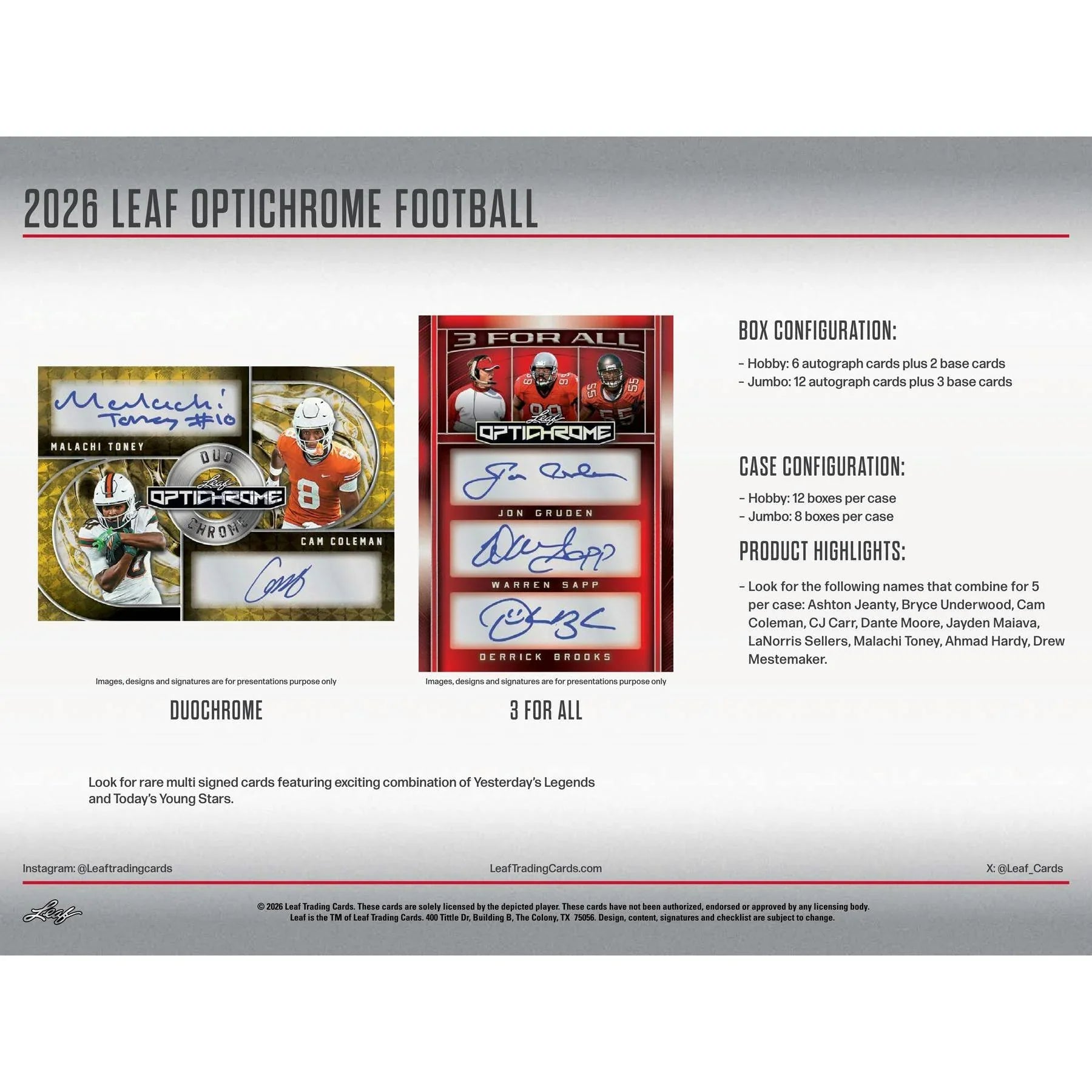 2026 Leaf Optichrome Football Hobby Jumbo Box (Ships Sealed Only)