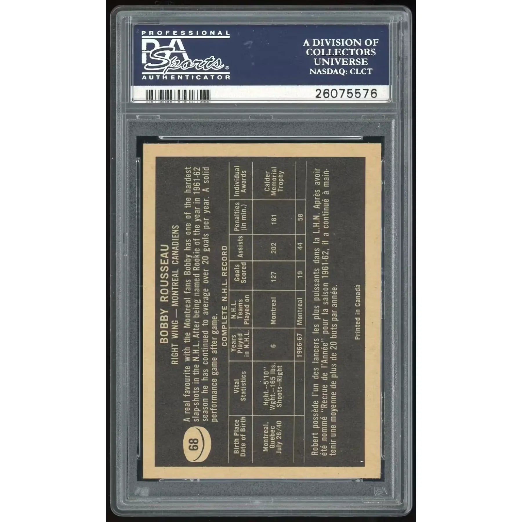 Robert Rousseau 1967-68 Topps #68 Card | PSA 9