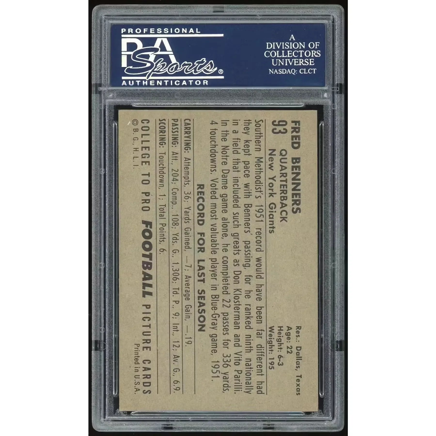 Fred Benners 1952 Bowman Large Card #93 | PSA 6.5