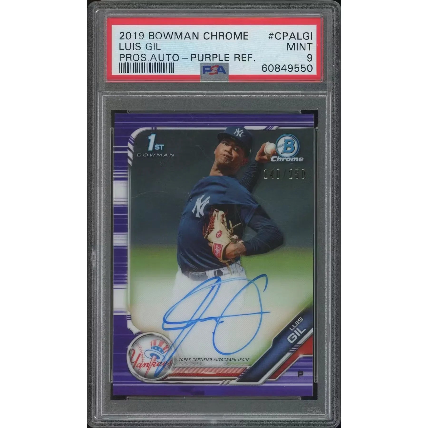 Luis Gil Signed 2019 Bowman Chrome Purple Refractor Rookie #140 Card | PSA 9