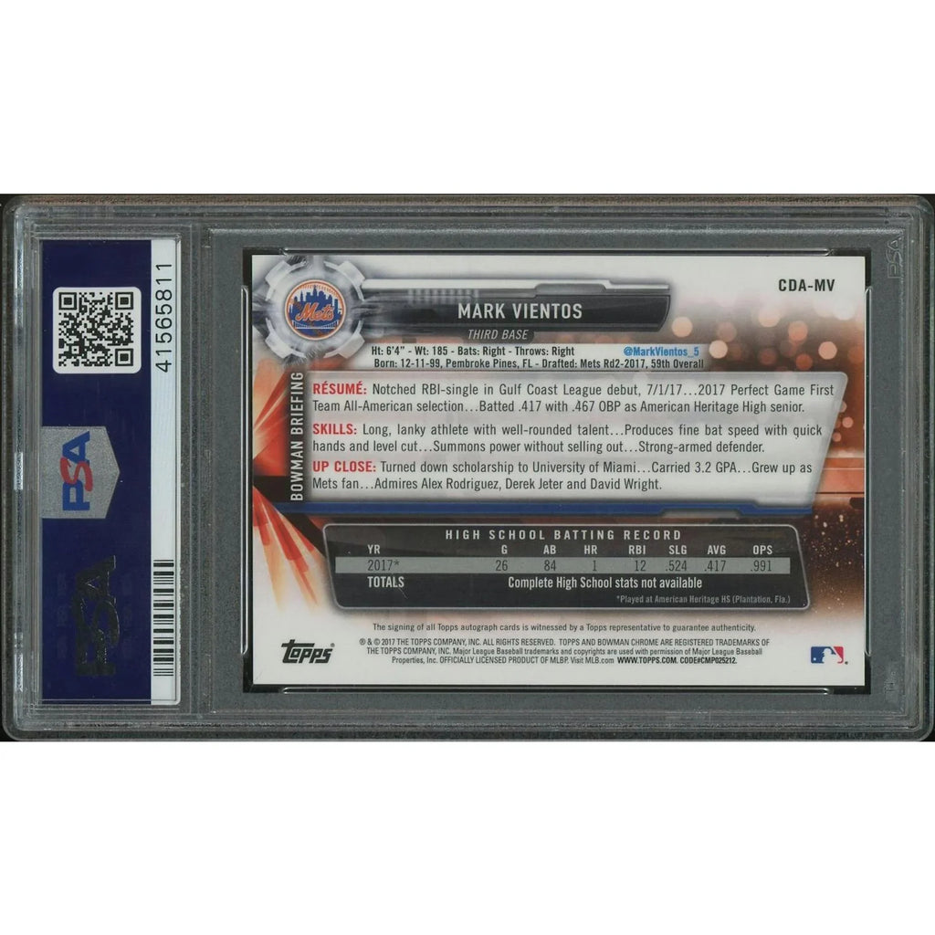 Mark Vientos Signed 2017 Bowman Chrome Draft Rookie Card | PSA 10 Gem Mint