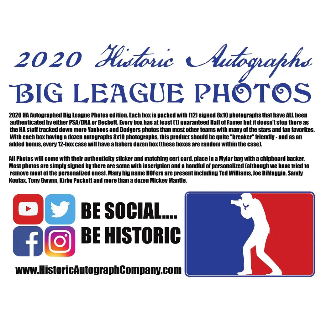 2020 Historic Autographs Big League Photos Baseball Hobby Box (Ships Sealed Only)