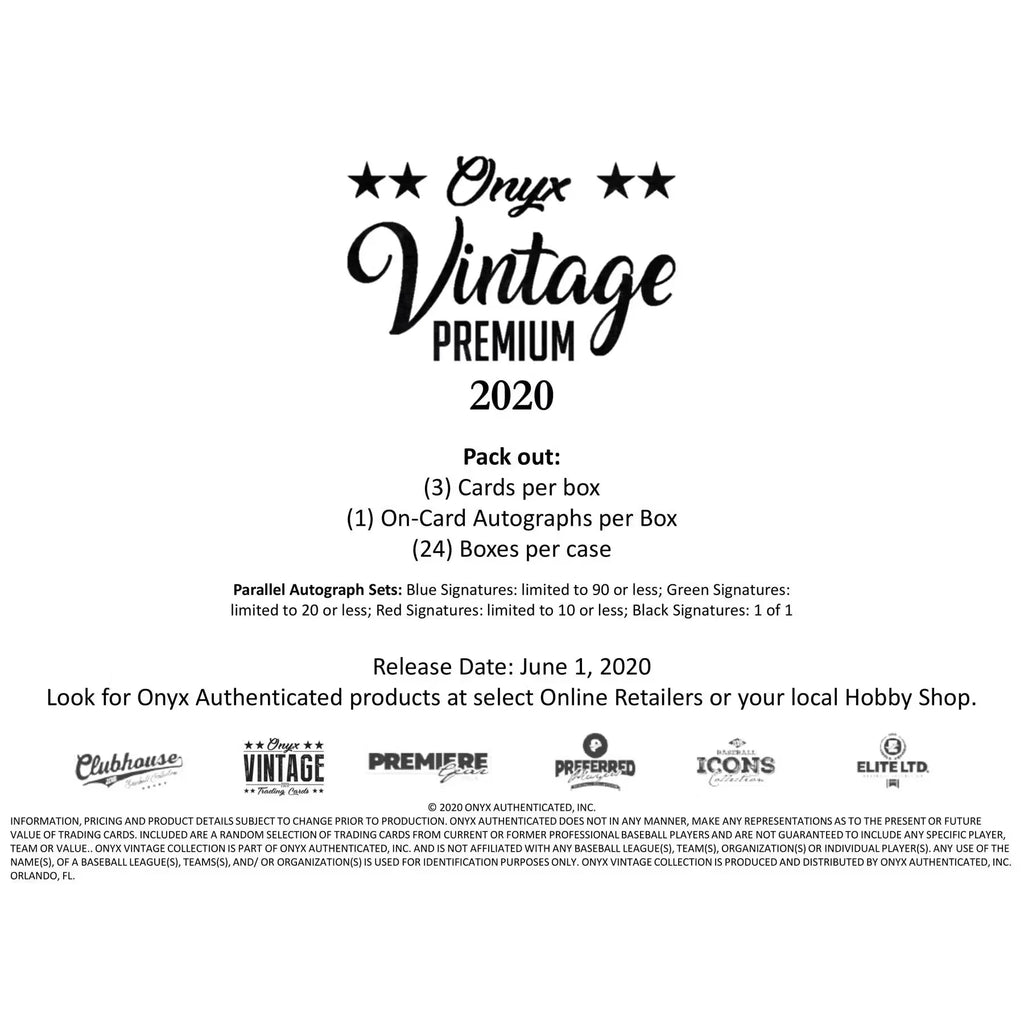 2020 Onyx Vintage Premium Baseball Hobby Box Sealed (Ships Sealed Only)
