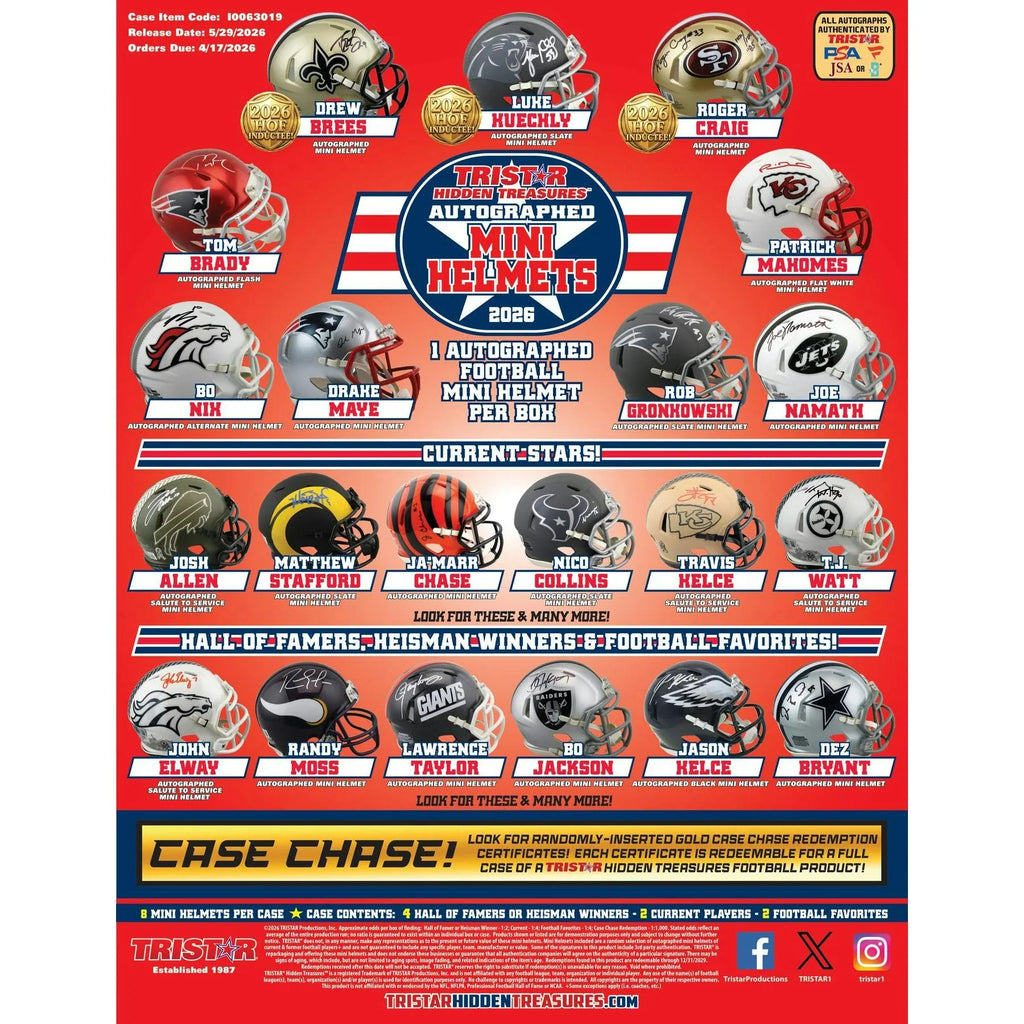 Tristar 2026 Hidden Treasures Autographed Football Mini Helmet Hobby Box Presell Releases May 29th 2026 (Ships Sealed Only) - D1