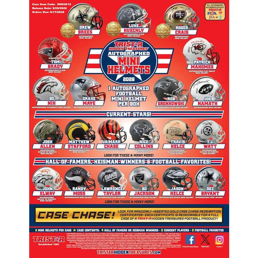 Tristar 2026 Hidden Treasures Autographed Football Mini Helmet Hobby Box Presell Releases May 29th 2026 (Ships Sealed Only) - D1