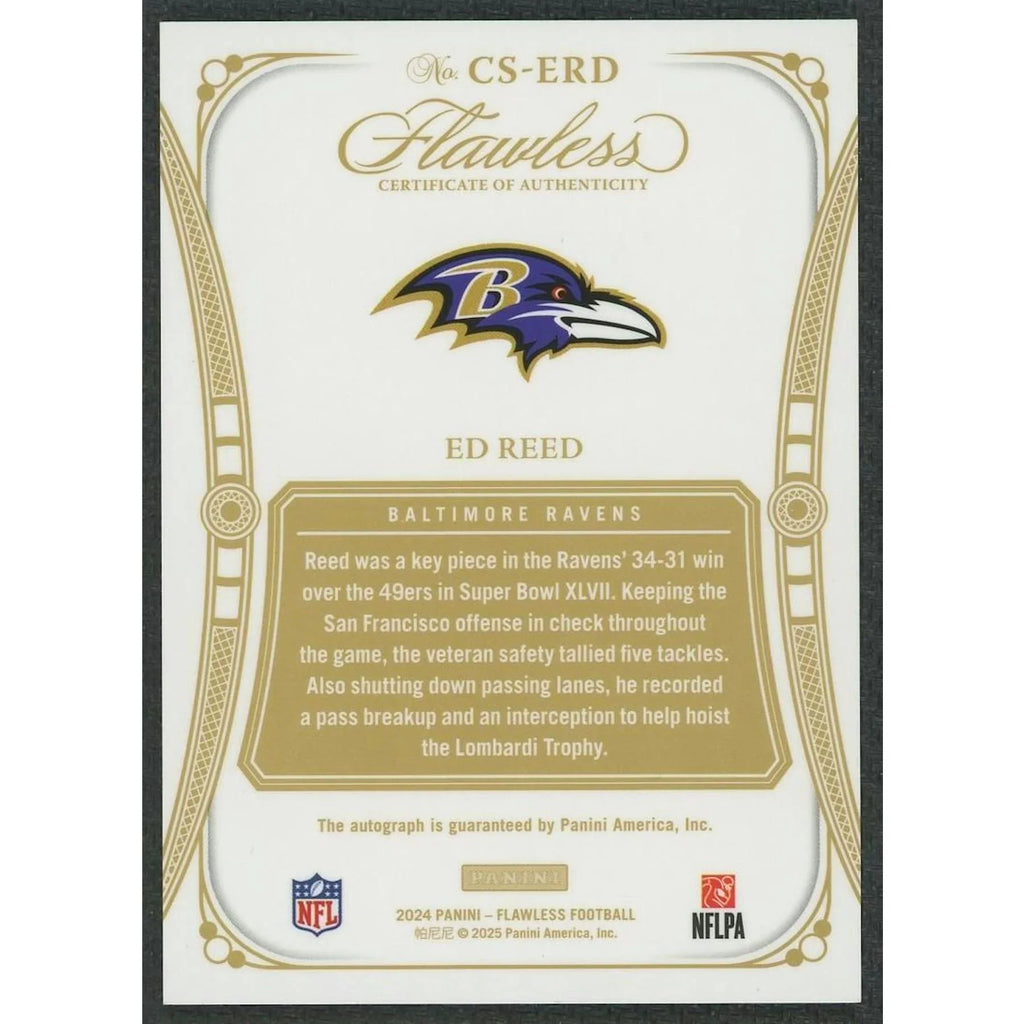 Ed Reed Signed 2024 Panini Flawless Card | Gold Auto/25