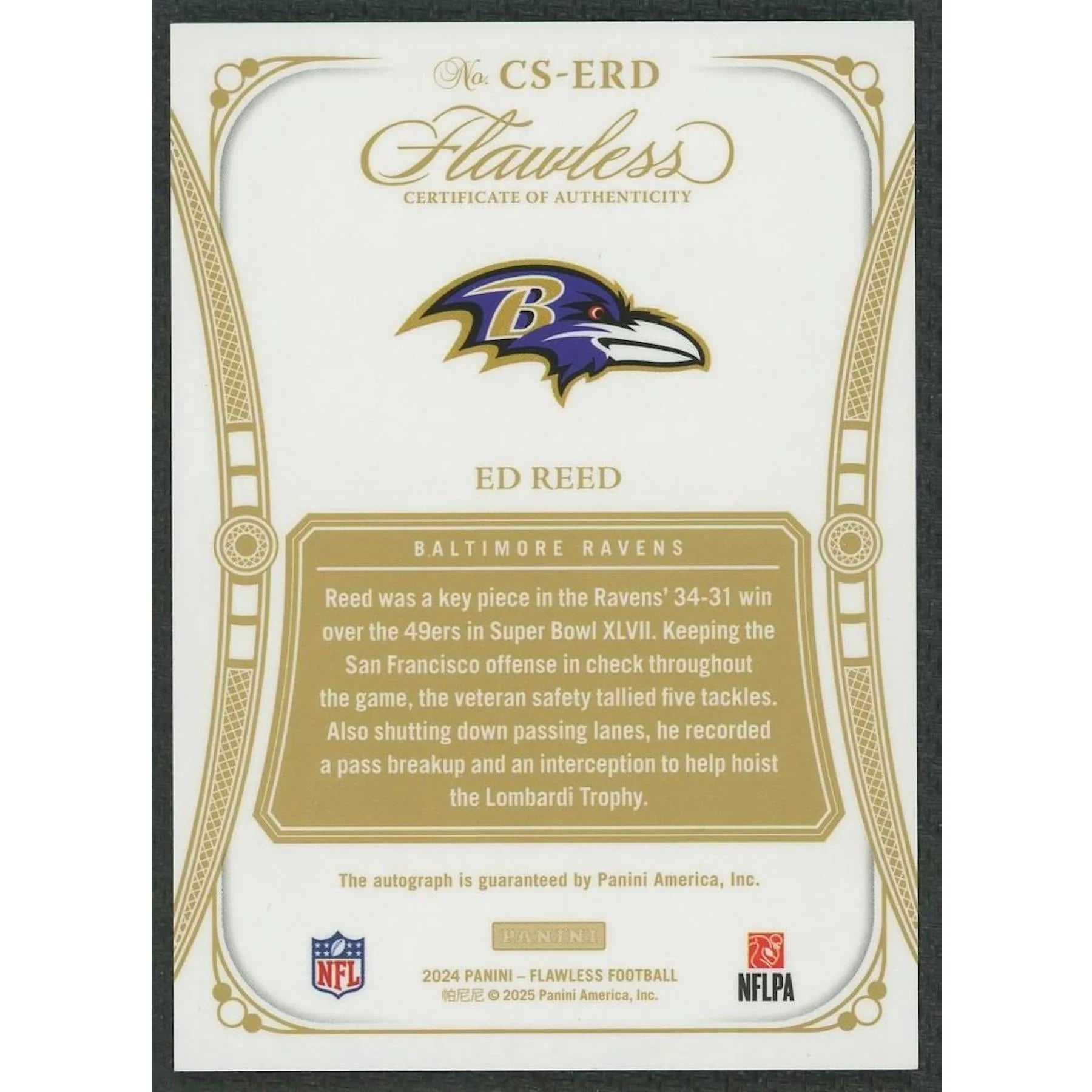Ed Reed Signed 2024 Panini Flawless Card | Gold Auto/25