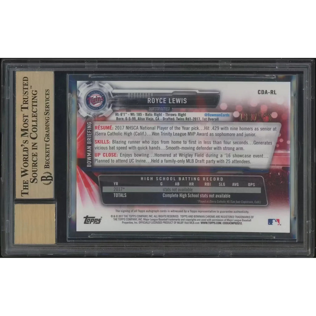Royce Lewis Signed 2017 Bowman Chrome Draft Card | Blue Refractor #133/150 BGS 9.5