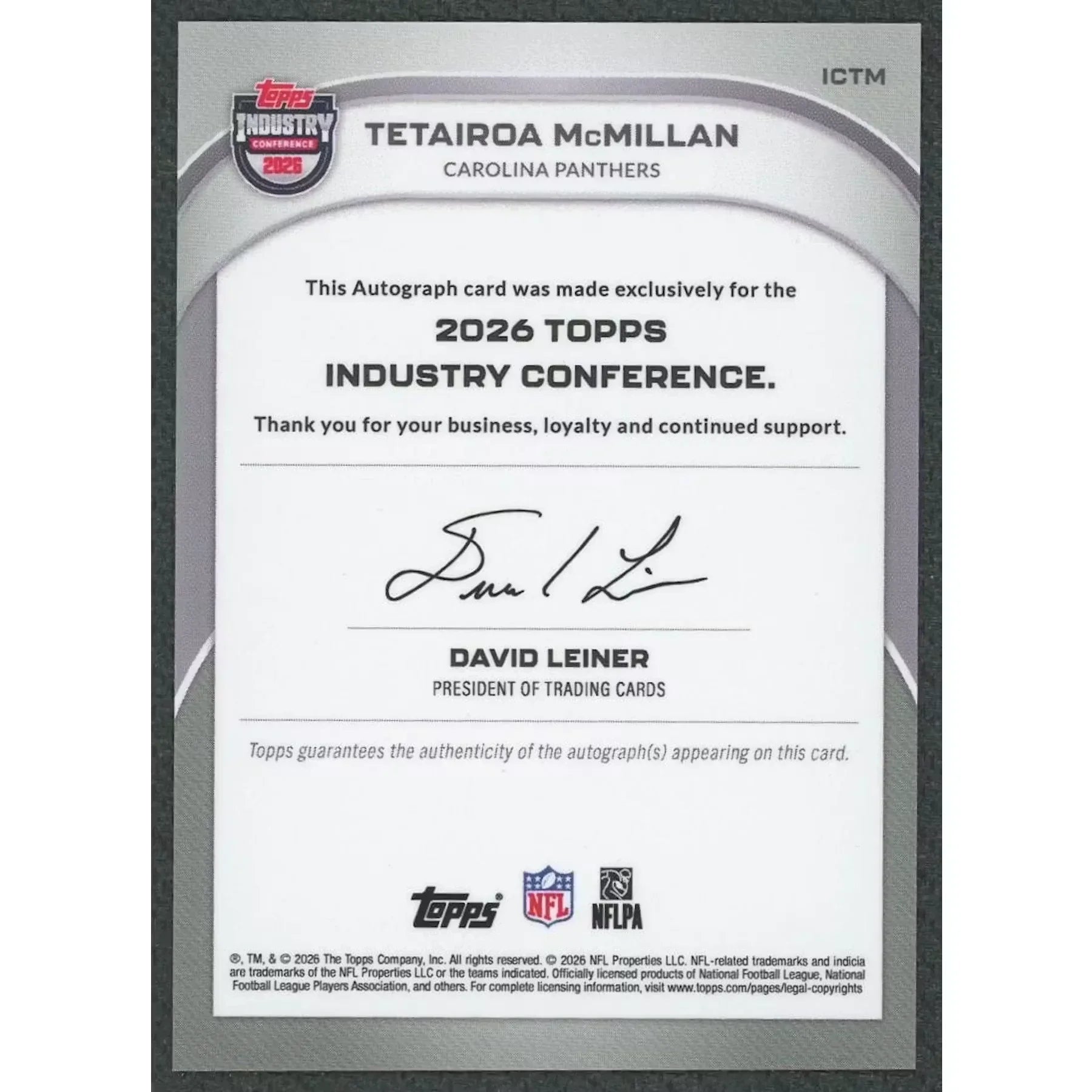 Tetairoa McMillan Signed 2026 Topps Industry Conference Card | Auto