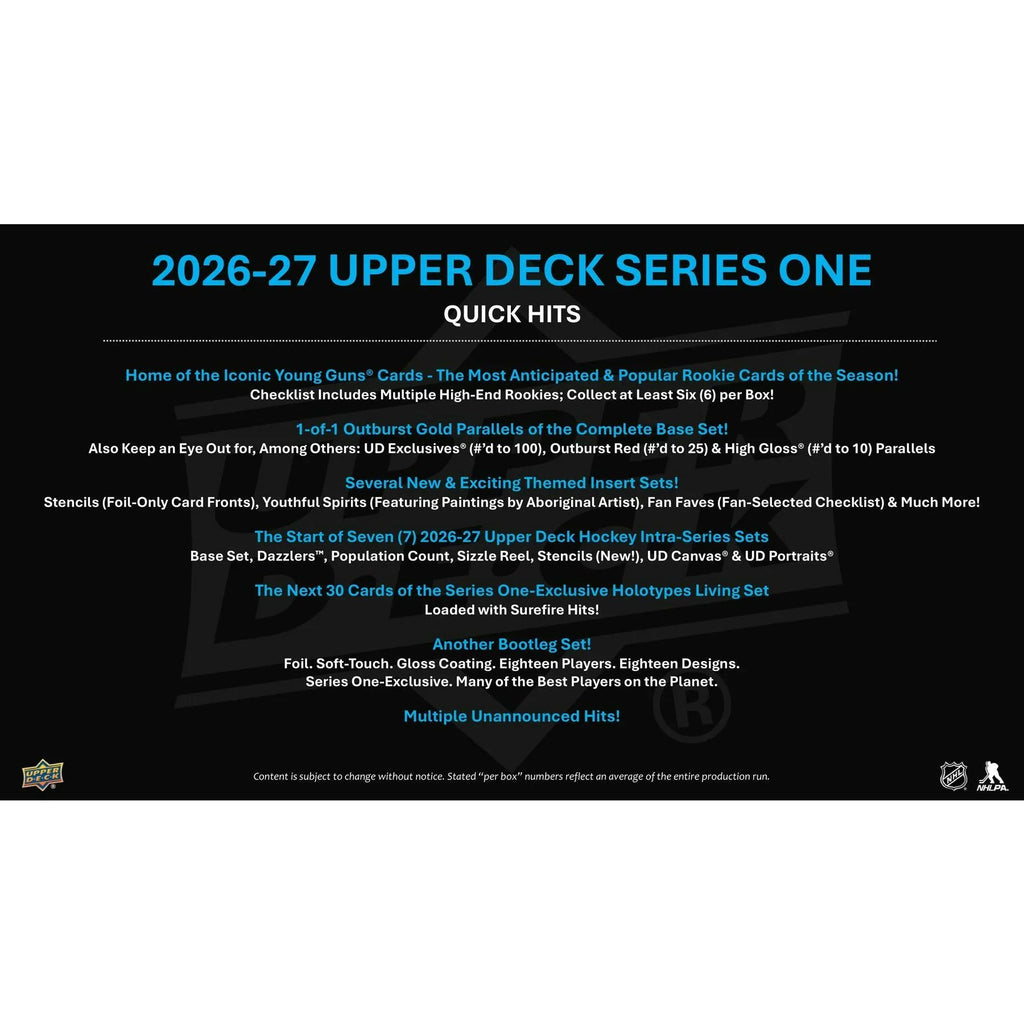 2026 27 Upper Deck Series 1 Hockey Hobby Box Presell Releases Oct 7th 2026 (Ships Sealed Only) - D1