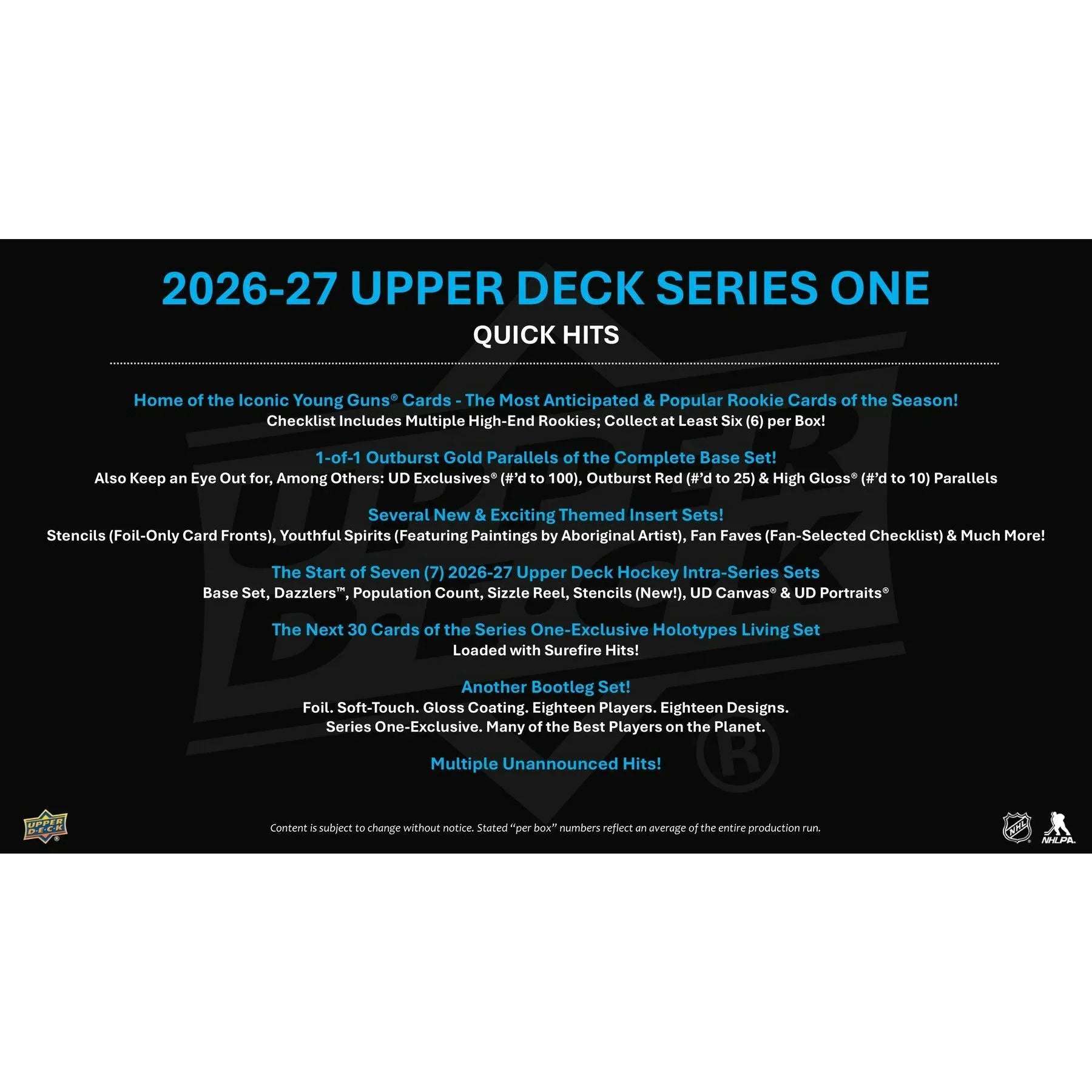 2026 27 Upper Deck Series 1 Hockey Hobby Box Presell Releases Oct 7th 2026 (Ships Sealed Only) - D1