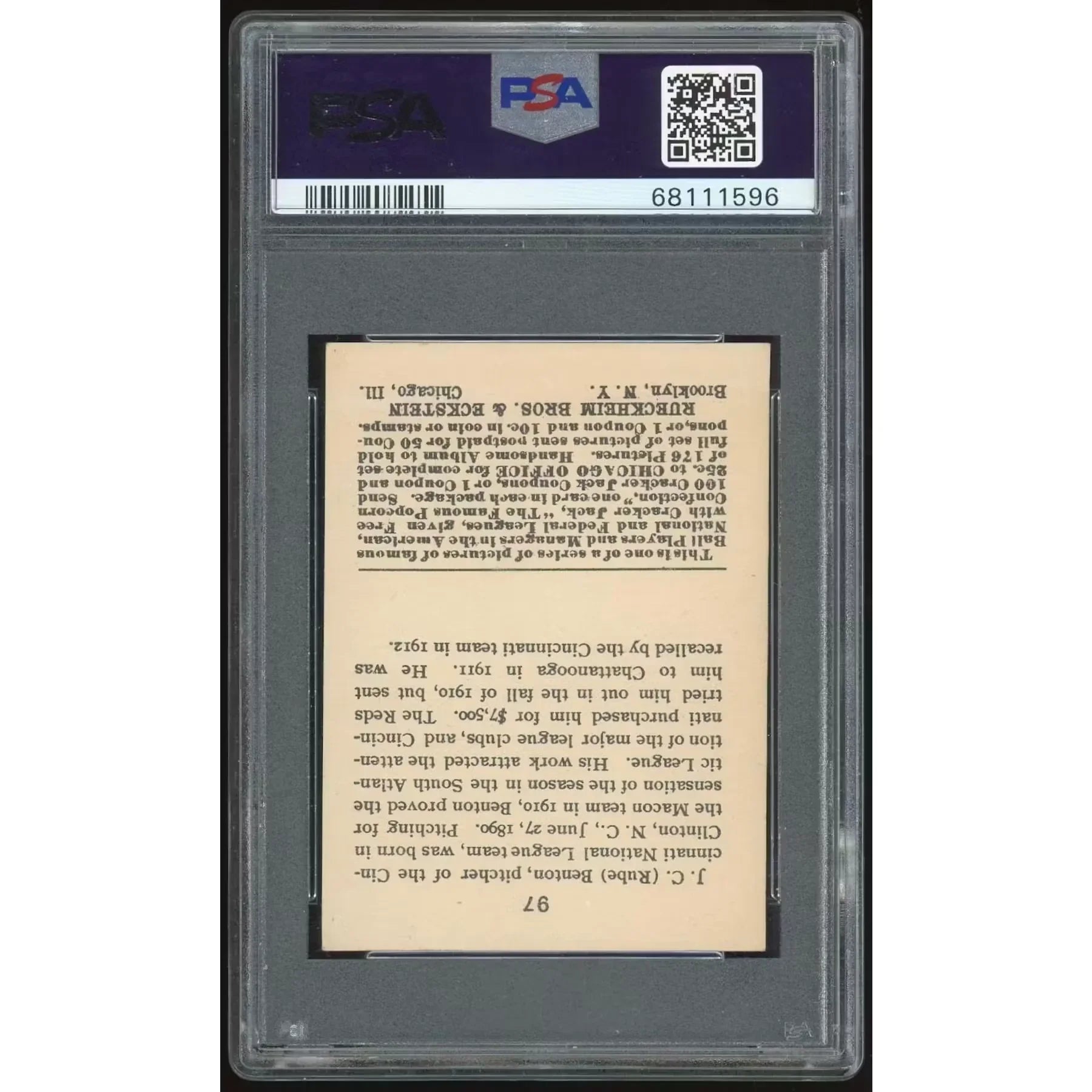 Rube Benton 1915 Cracker Jack Card #97 | PSA 4