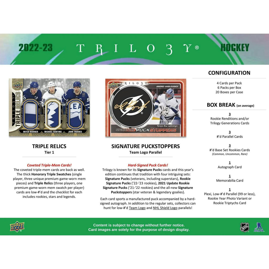 2022 23 Upper Deck Trilogy Hockey Hobby Box (Ships Sealed Only)