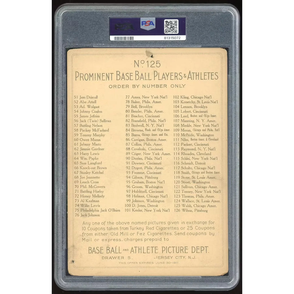Ed Walsh 1911 T3 Turkey Red Cabinets #125 | PSA 1 Checklist Back