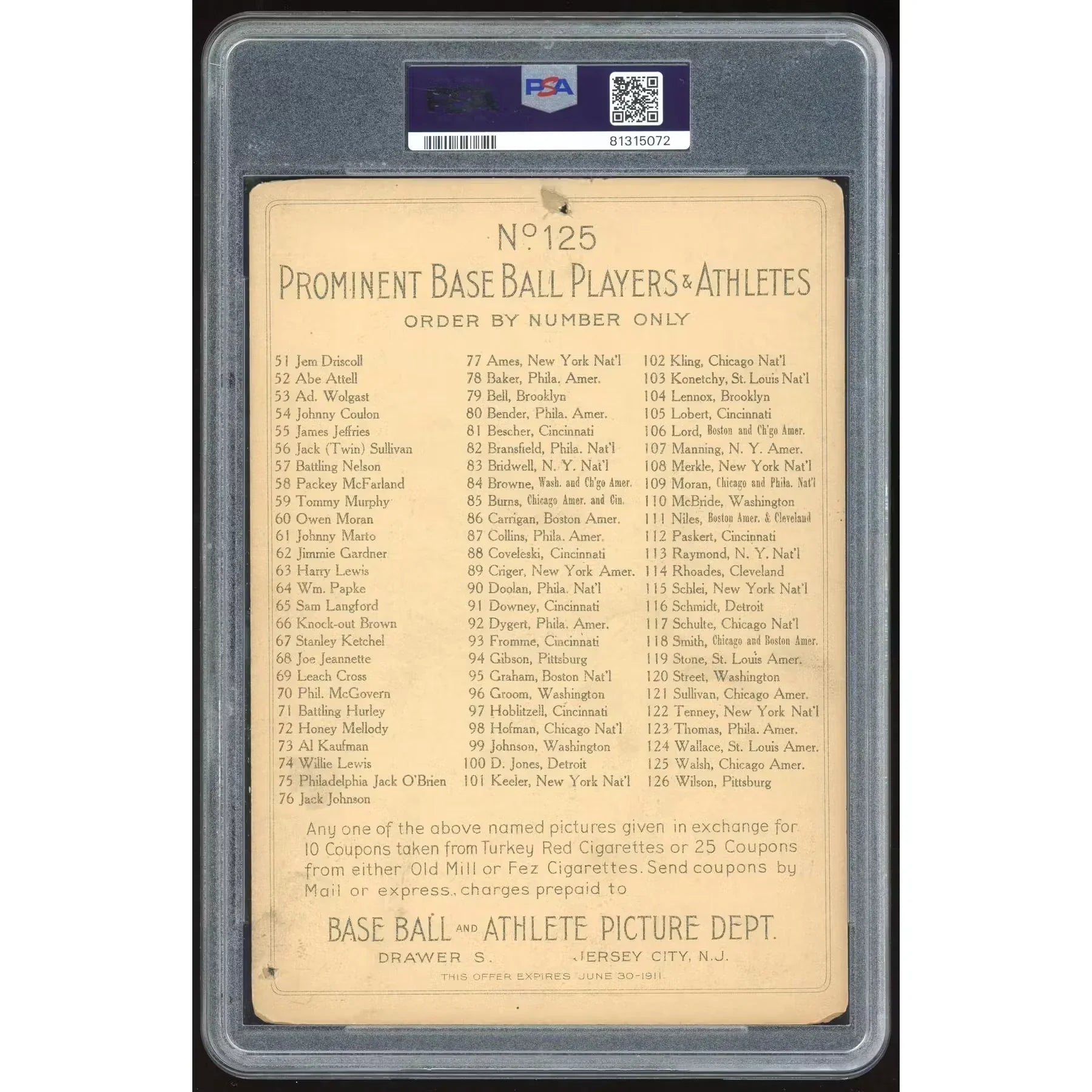 Ed Walsh 1911 T3 Turkey Red Cabinets #125 | PSA 1 Checklist Back