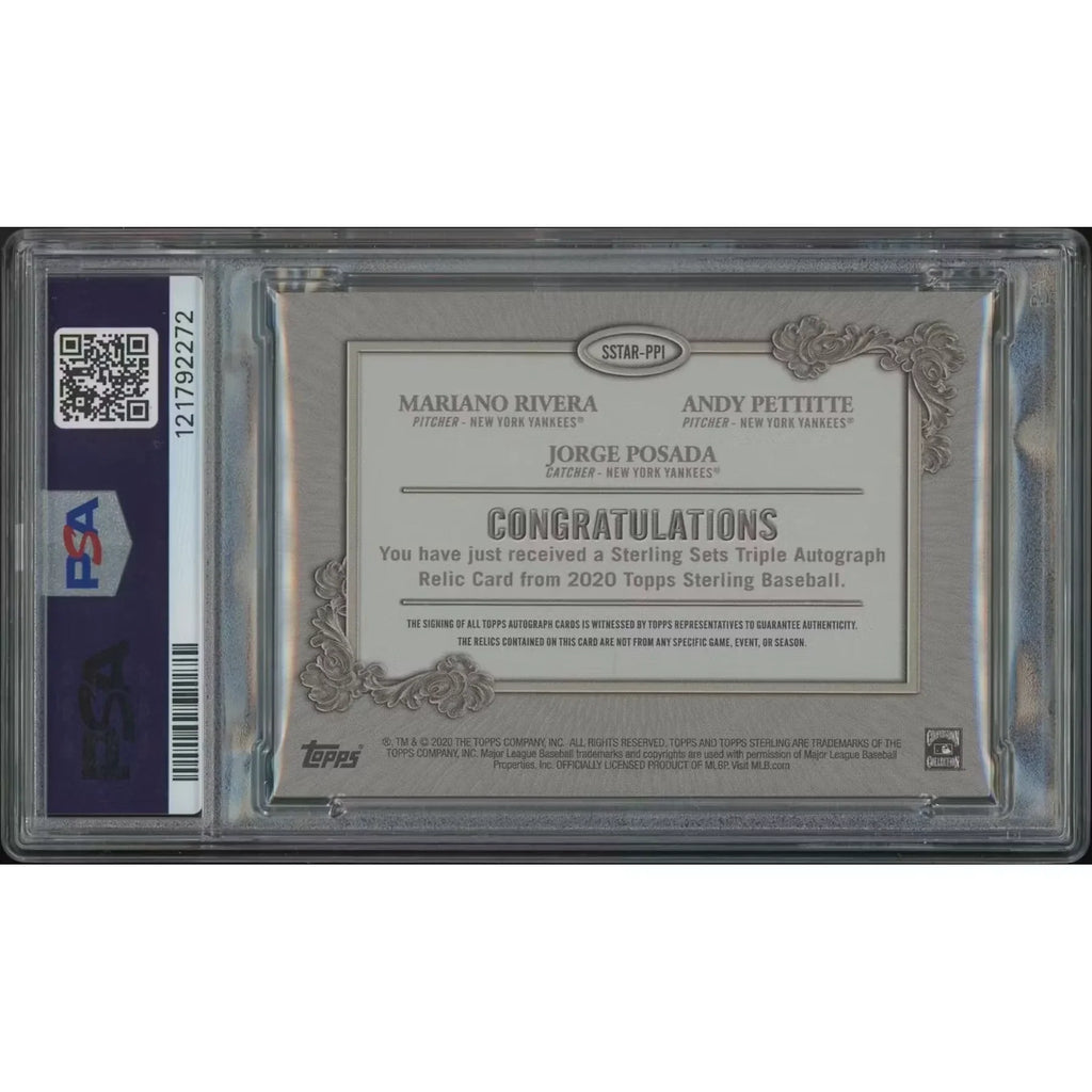 Andy Pettitte Jorge Posada Mariano Rivera Signed 2020 Topps Sterling #4 Card | PSA 8