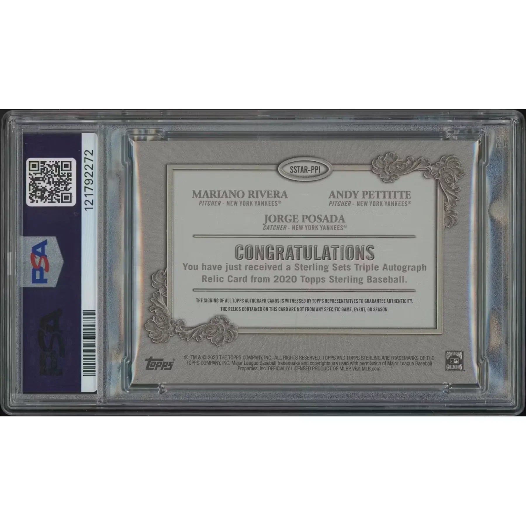 Andy Pettitte Jorge Posada Mariano Rivera Signed 2020 Topps Sterling #4 Card | PSA 8