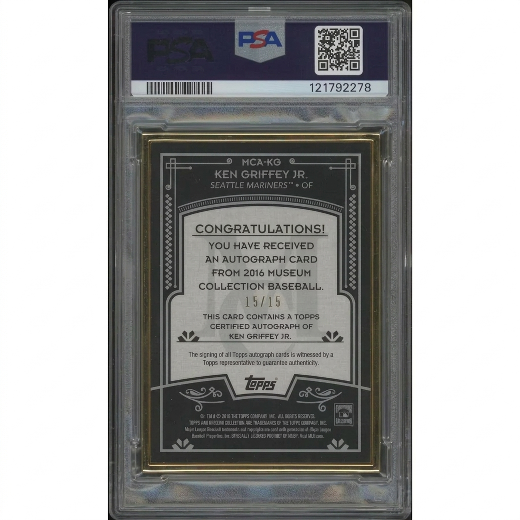 Ken Griffey Jr. Signed 2016 Topps Museum Collection Card | PSA 8 Gold Framed Auto #15/15