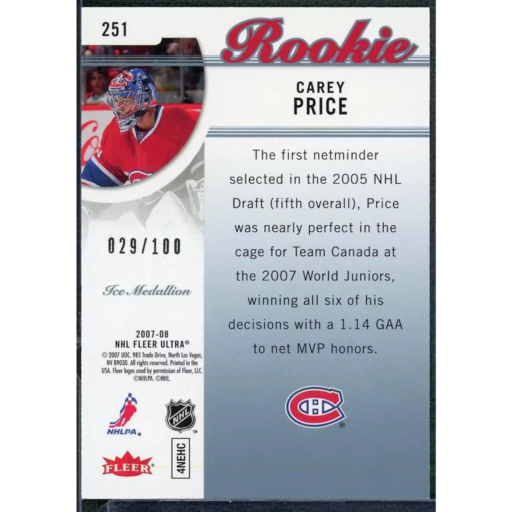 Carey Price 2007-08 Fleer Ultra Ice Medallion | 29/100