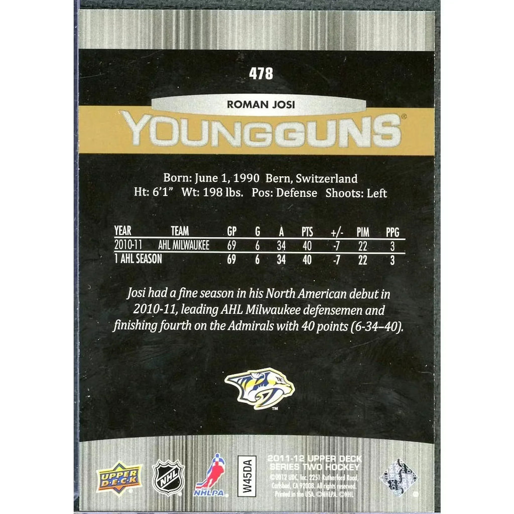 Roman Josi 2011-12 Upper Deck Young Guns Rookie #478 Card | Exclusives/100