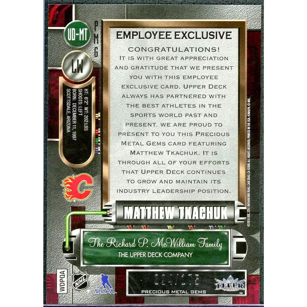 Matthew Tkachuk 2016-17 Upper Deck Metal Universe Precious Metal Gems Rookie Card |/175