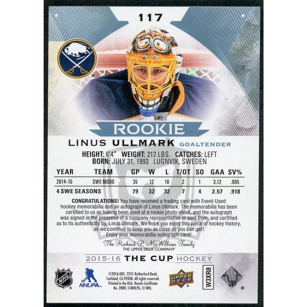 Linus Ullmark Signed 2015-16 The Cup Rookie Patch Auto |/249