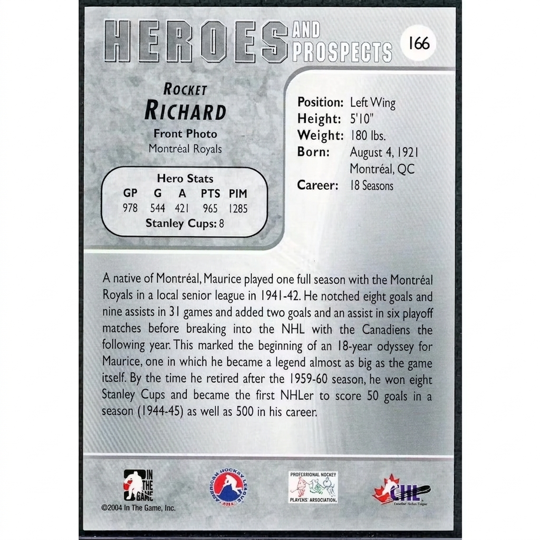 Rocket Richard 2004 In the Game Heroes and Prospects Card | 1/1 Fall Expo