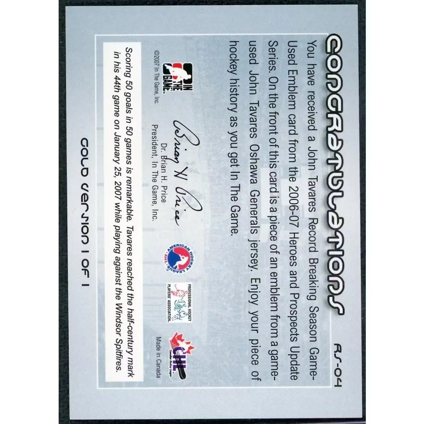 John Tavares Signed 2007 In The Game Patch Card | 1/1 RS-04