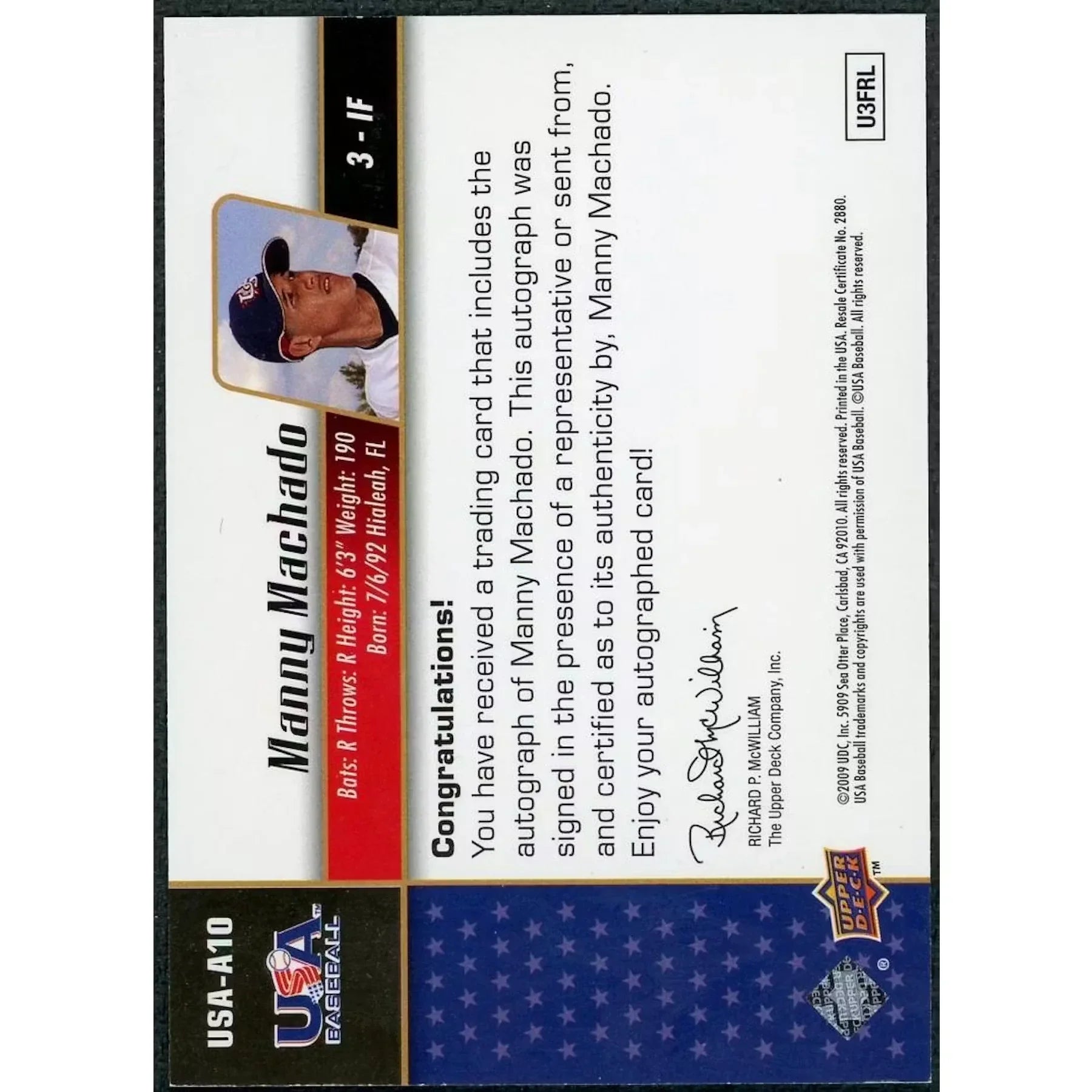 Manny Machado Signed 2009 Upper Deck USA Star Prospects Card