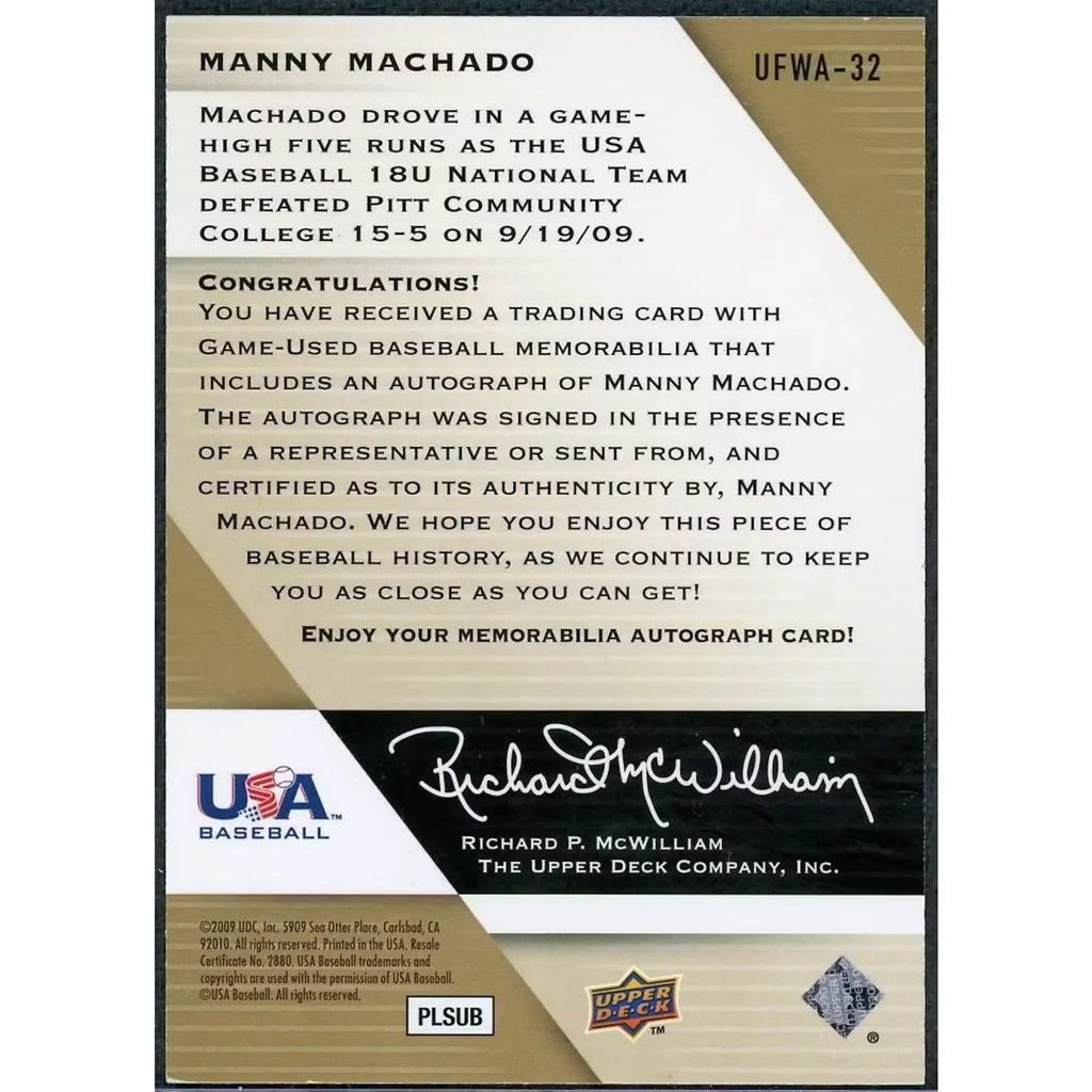 Manny Machado Signed 2009 Upper Deck USA Future Watch Patch Card |/899