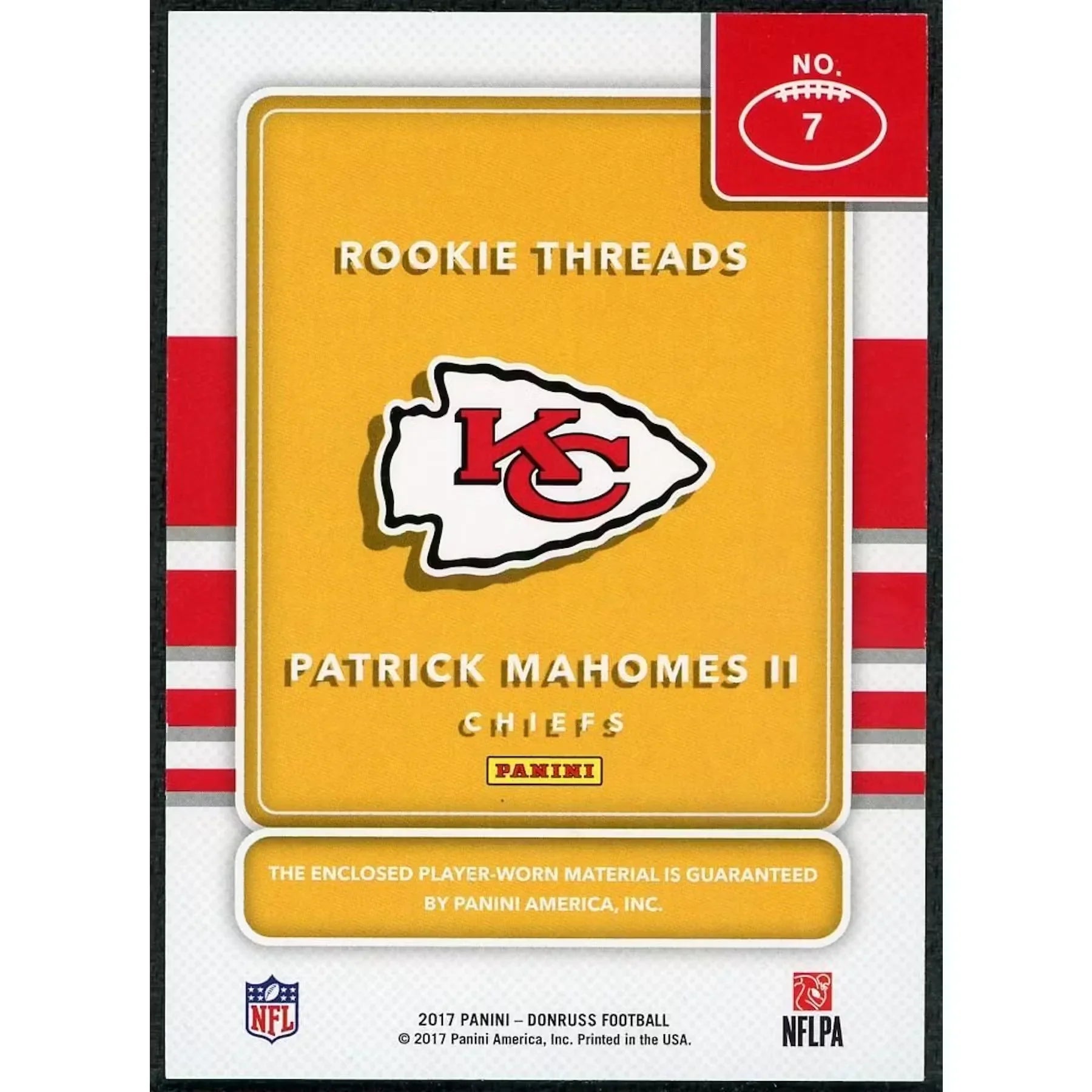 Patrick Mahomes 2017 Panini Donruss Rookie Threads Card