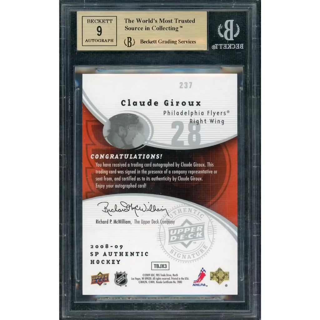 Claude Giroux Signed 2008-09 Upper Deck SP Authentic Card | BGS 9.5