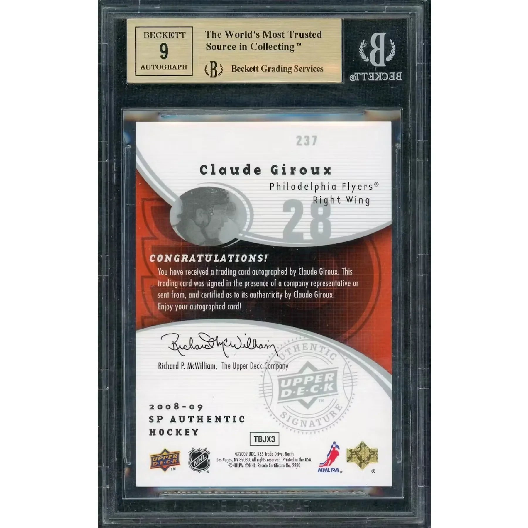 Claude Giroux Signed 2008-09 Upper Deck SP Authentic Card | BGS 9.5