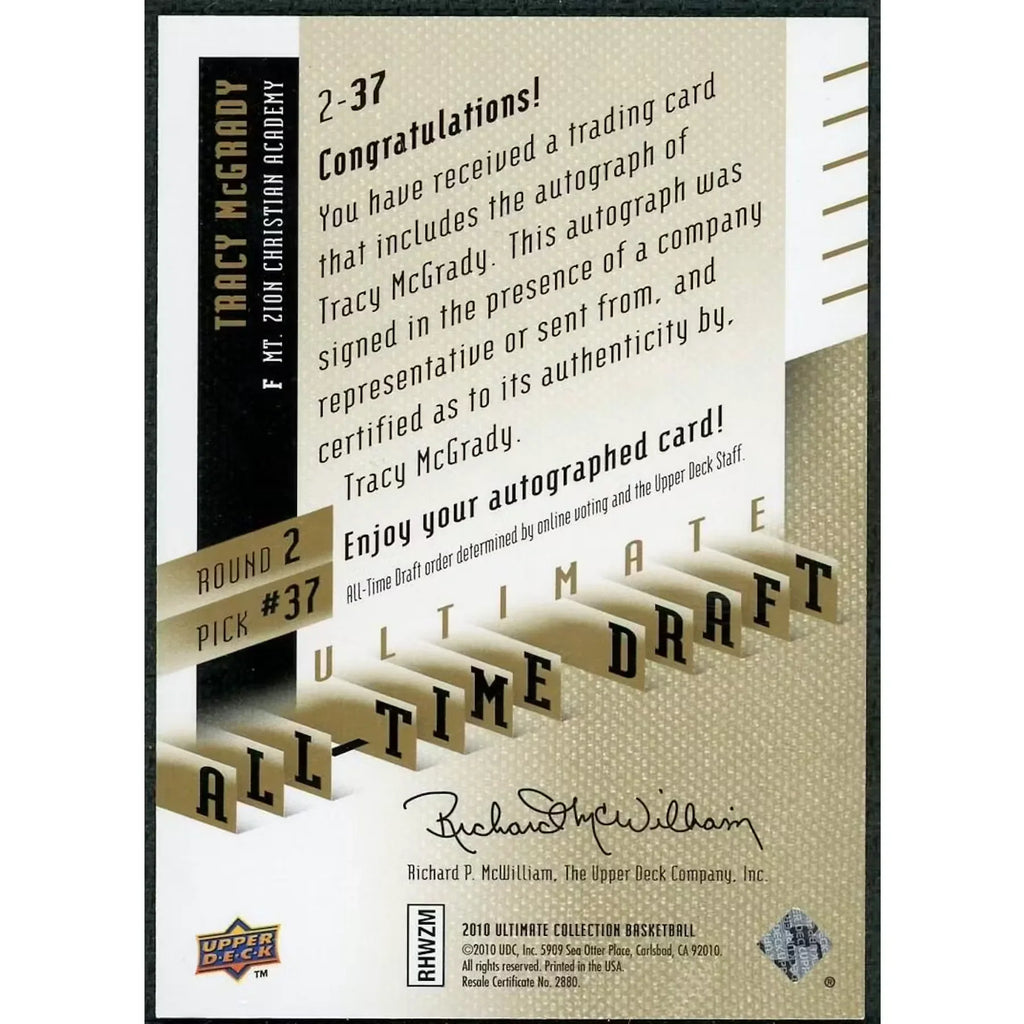 Tracy McGrady Signed 2010 Ultimate All-Time Draft Card | Auto