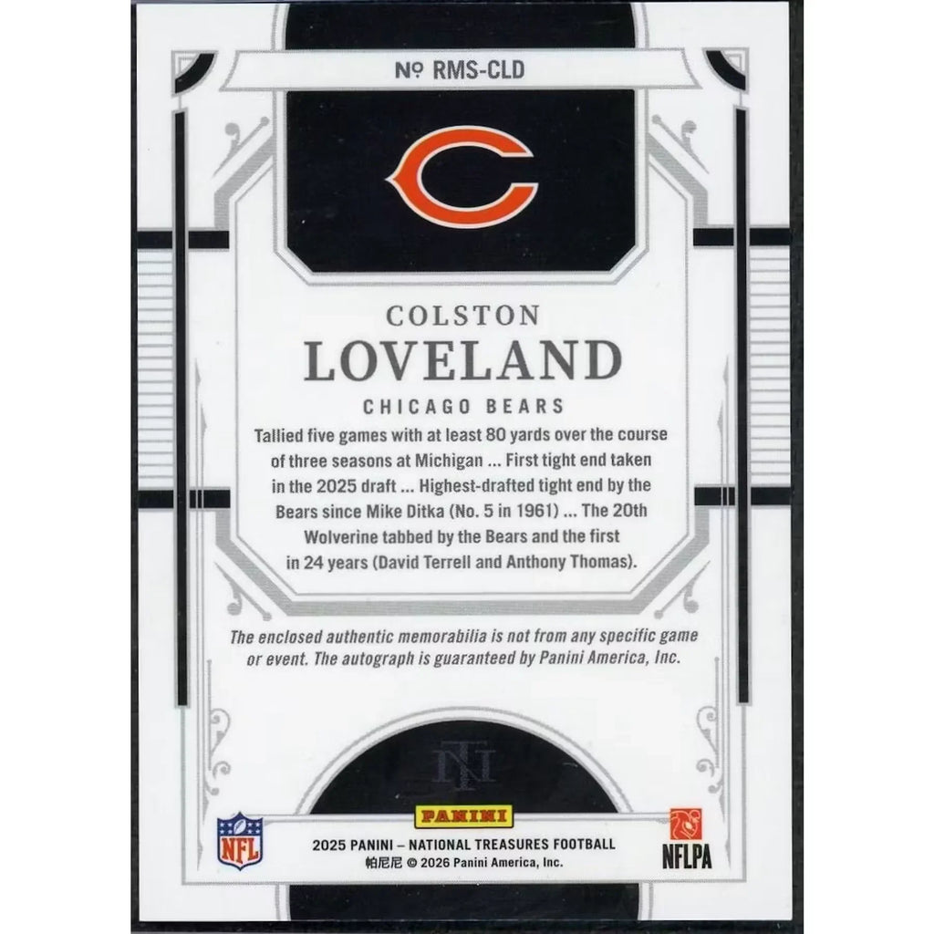 Colston Loveland Signed 2025 National Treasures Rookie Card | Triple Patch Auto Emerald/8