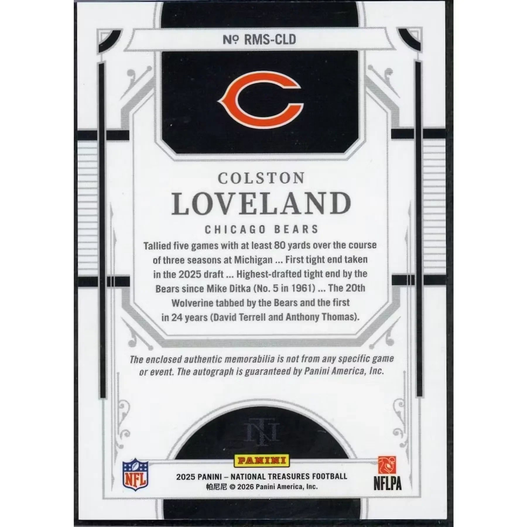 Colston Loveland Signed 2025 National Treasures Rookie Card | Triple Patch Auto Emerald/8