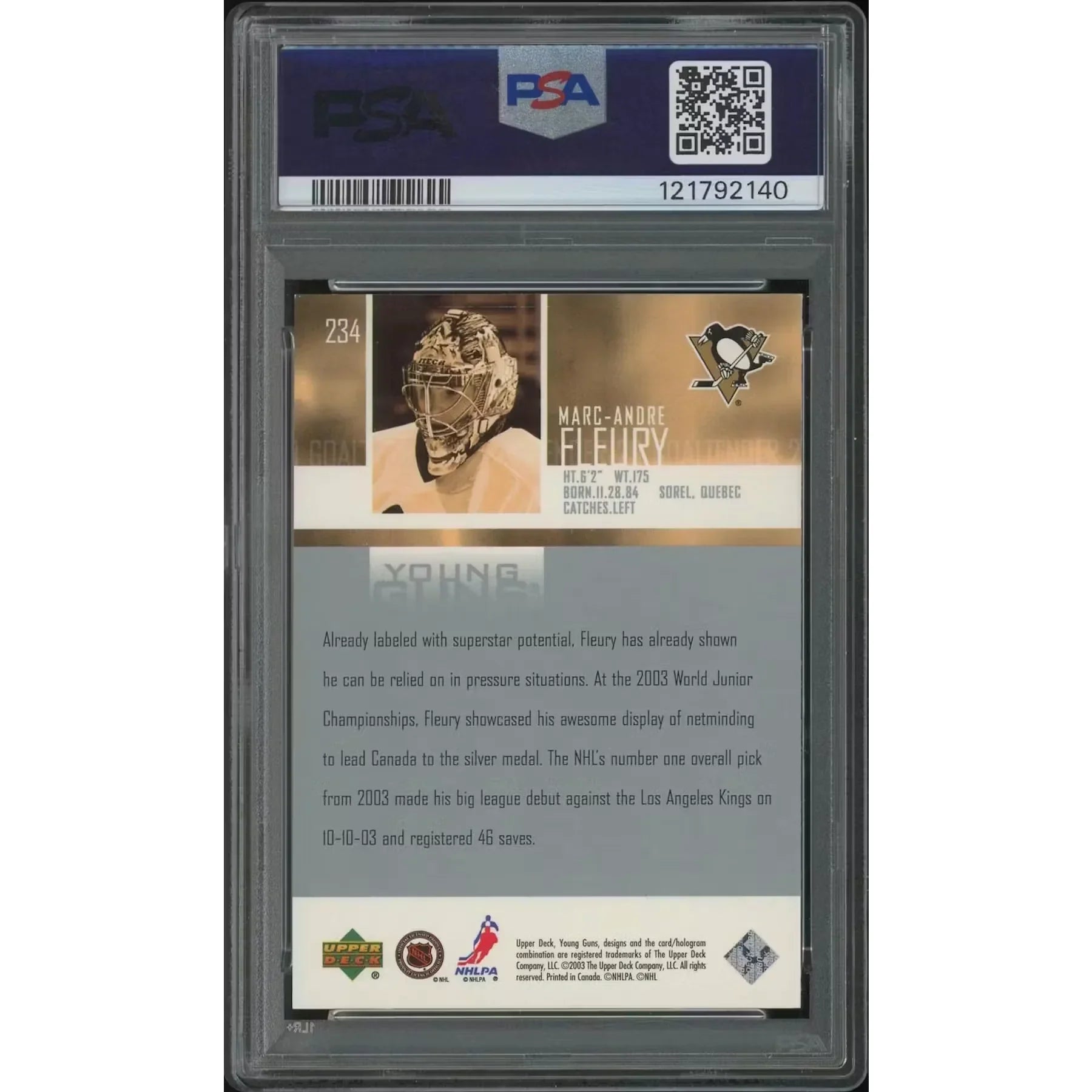 Marc-Andre Fleury 2003-04 Upper Deck Young Guns Rookie #234 | PSA 9 Mint