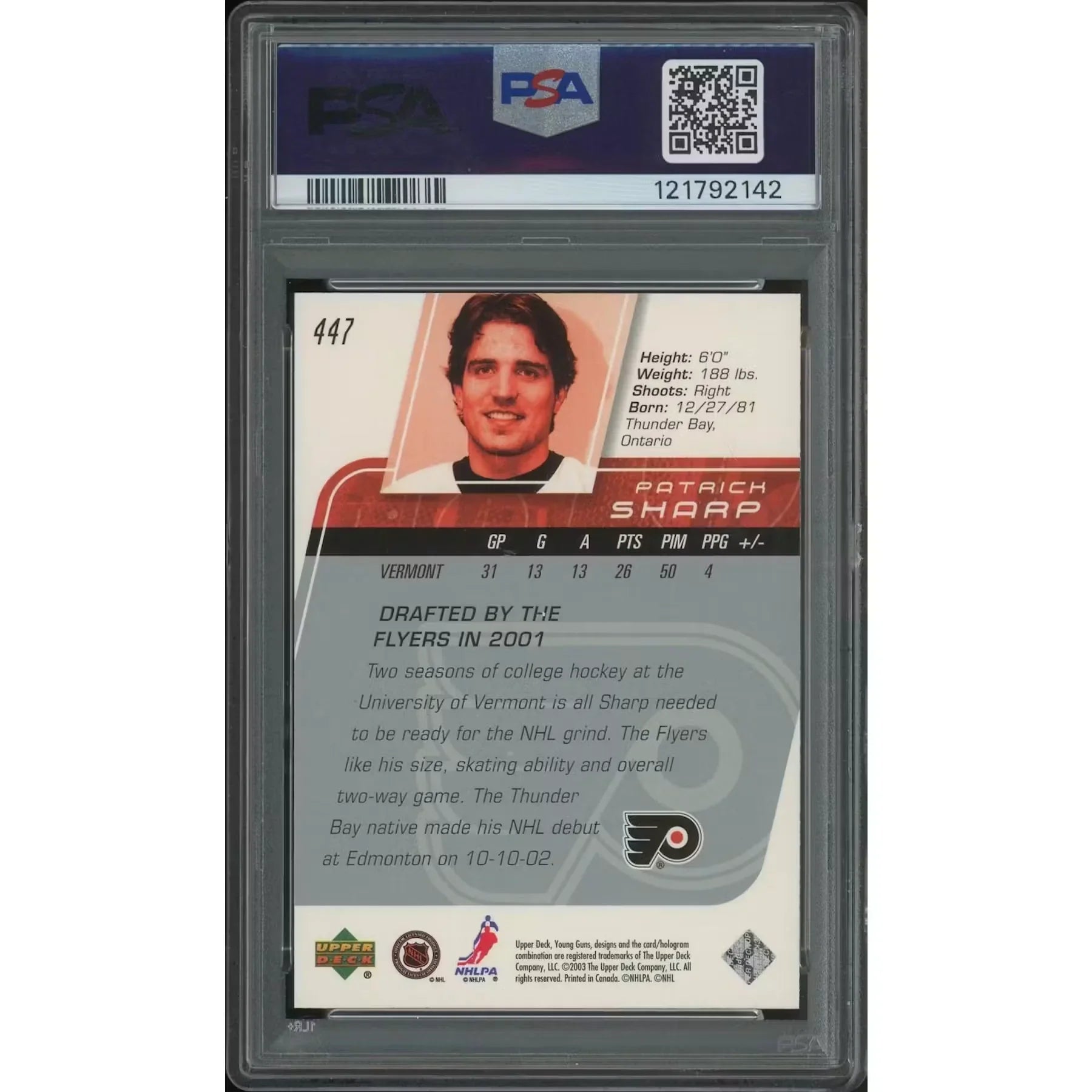 Patrick Sharp Signed 2002-03 Upper Deck Young Guns Rookie #447 Card | PSA 9 Mint