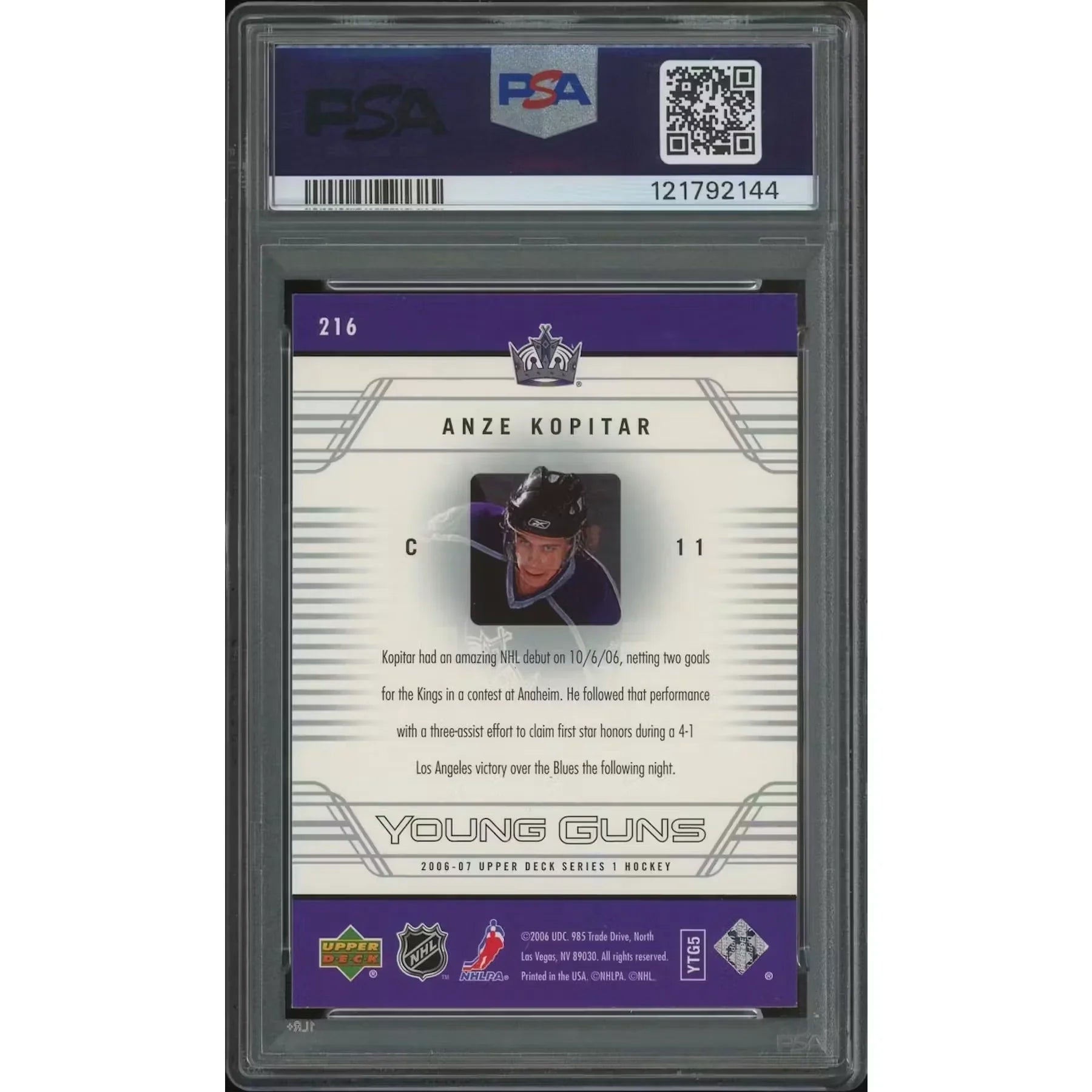 Anze Kopitar 2006-07 Upper Deck Hockey #216 Young Guns Rookie | PSA 9 Mint