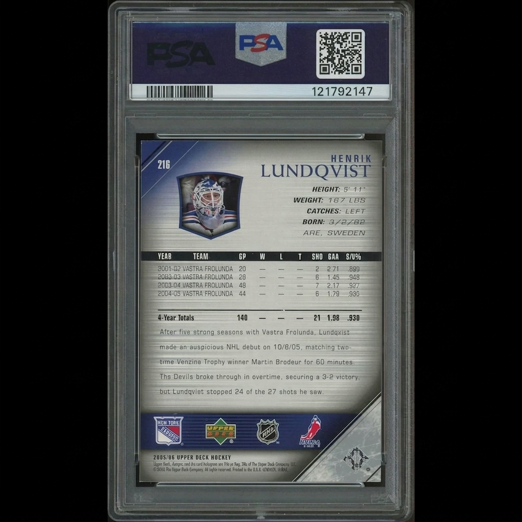 Henrik Lundqvist 2005-06 Upper Deck Young Guns Rookie #216 Card | PSA 9 Mint