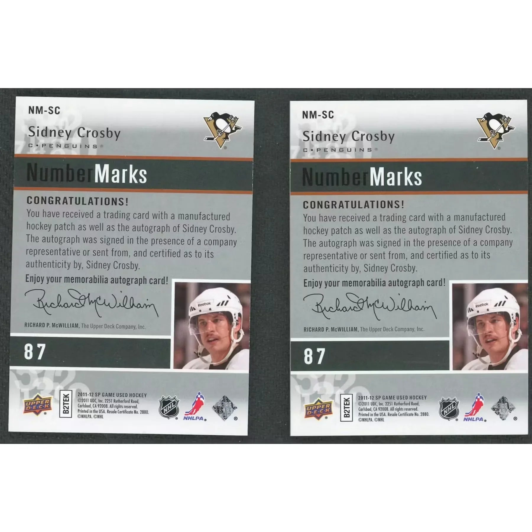 Sidney Crosby Signed 2011-12 Upper Deck SP Game Used Number Marks Card |/25