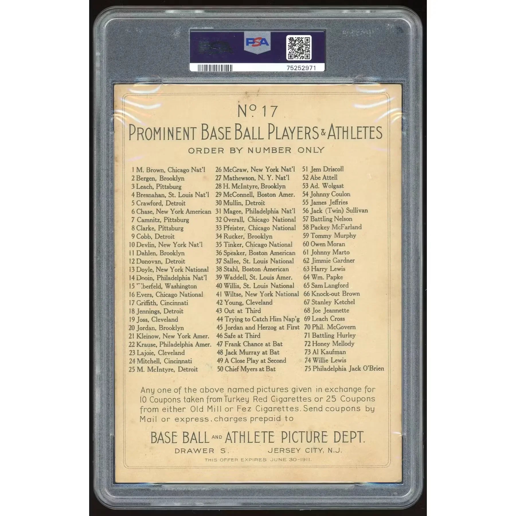 1910-11 T3 Turkey Red #17 Clark Griffith | PSA 4 Graded