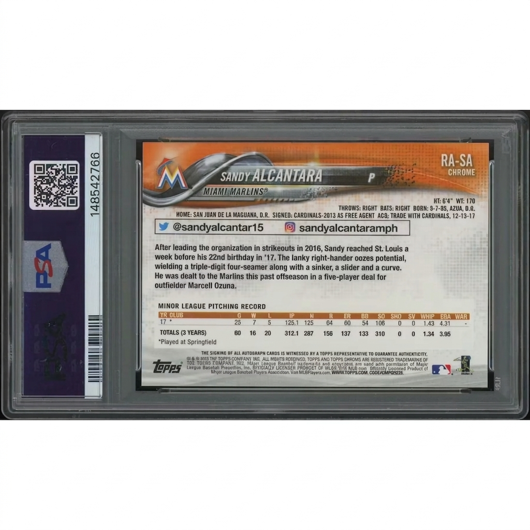 Sandy Alcantara 2018 Topps Chrome Rookie Autograph | PSA 10 Gem Mint