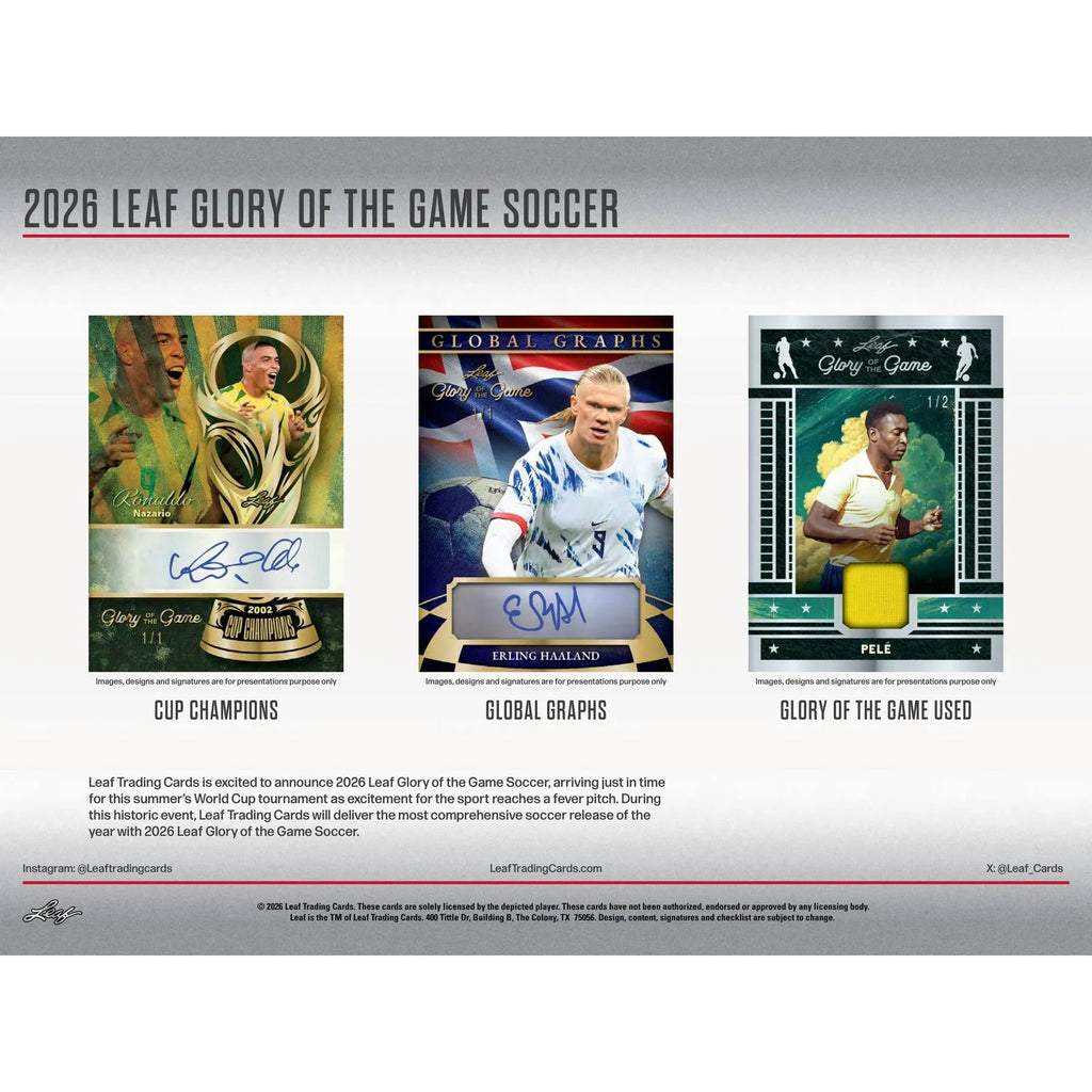 2026 Leaf Glory of the Game Soccer Hobby Box Presell Releases Jul 3rd 2026 (Ships Sealed Only)