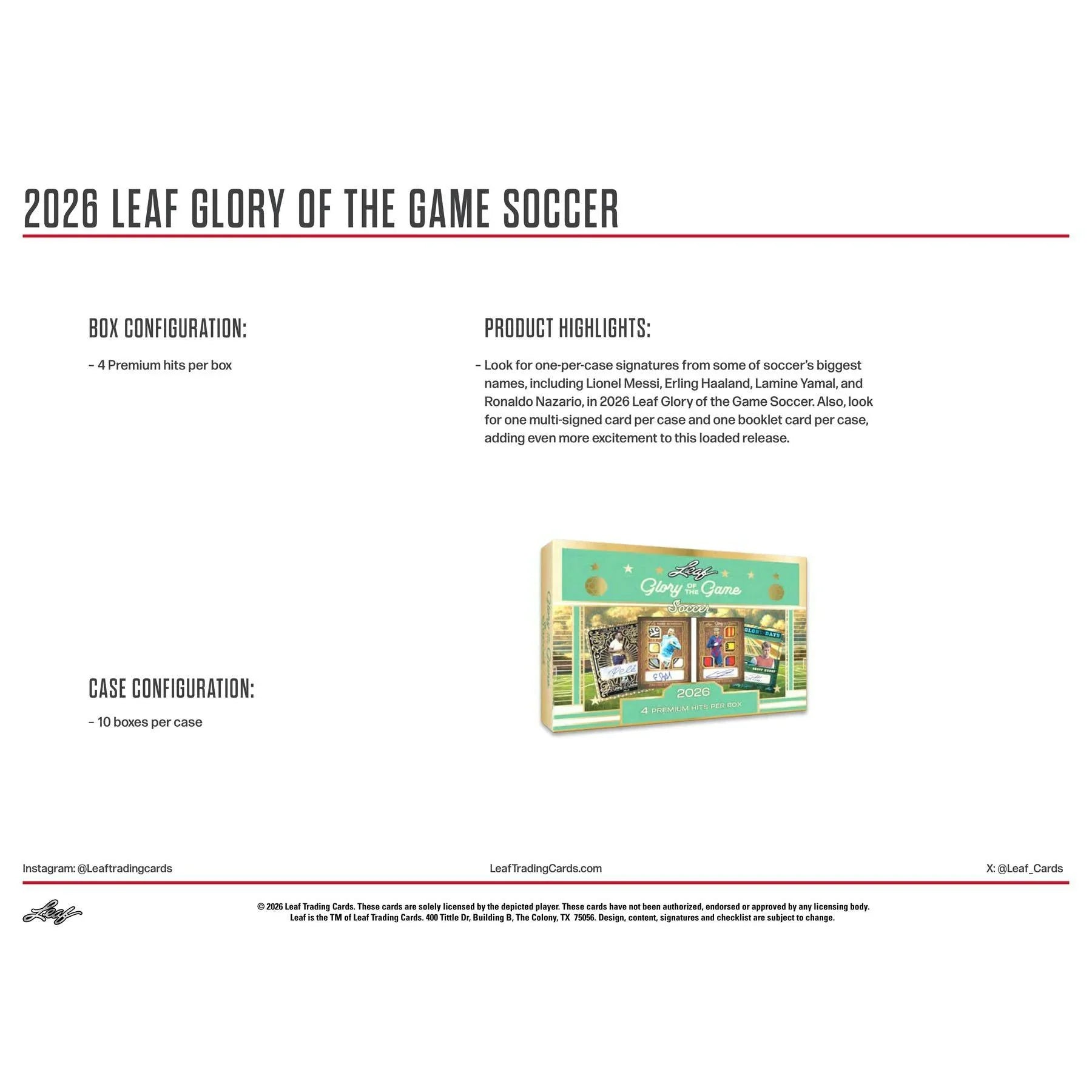 Leaf Glory of the Game Soccer 2026 Hobby 10 Box Case Presell Releases Jul 3rd 2026 (Ships Sealed Only)