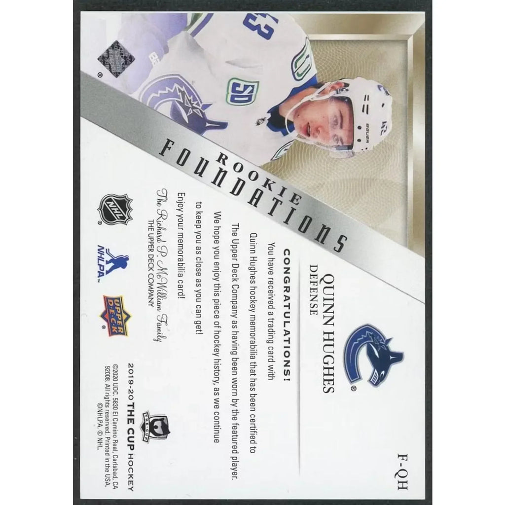 Quinn Hughes 2019-20 Cup Rookie Foundations Patch Card |/10