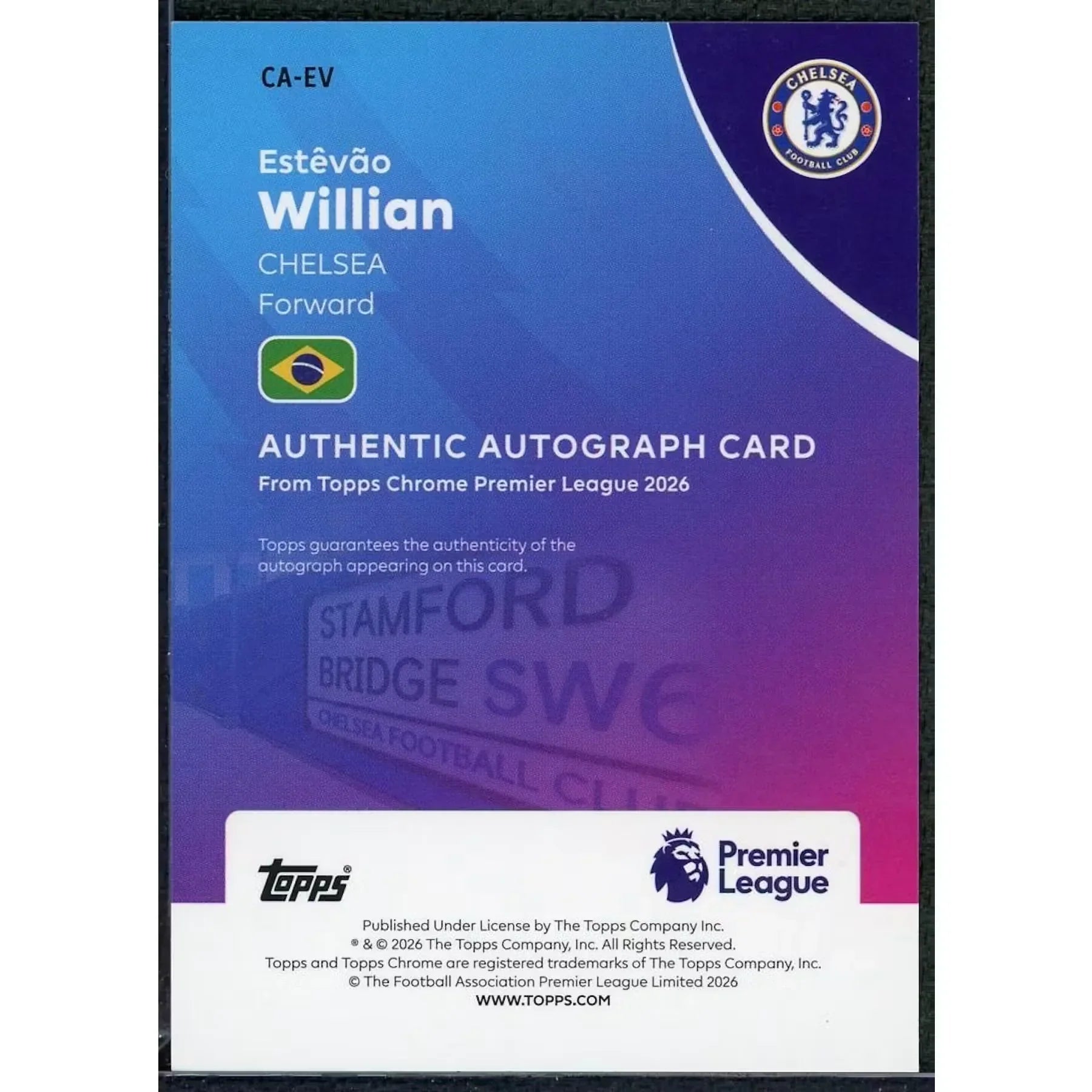 Estevao Willian Signed 2026 Topps Chrome Sapphire Card | Gold Auto/50