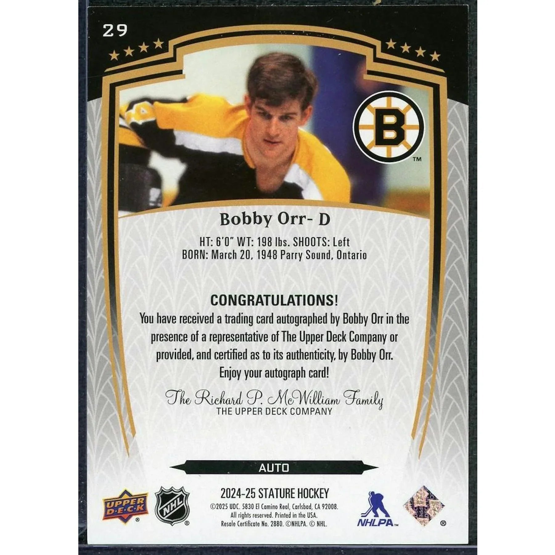 Bobby Orr Signed Hockey Card | 2024-25 Upper Deck Stature #29