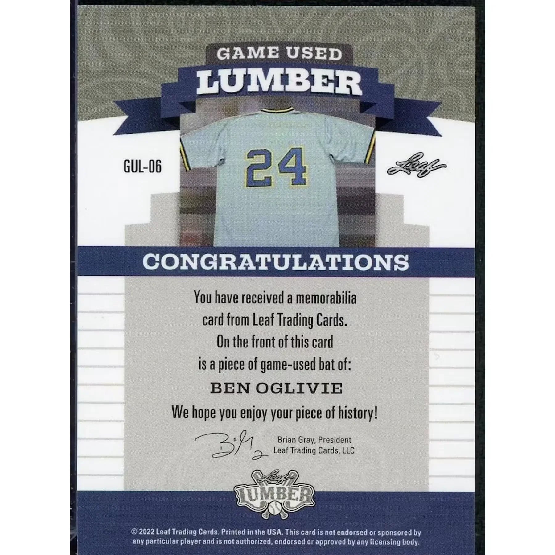Ben Oglivie Signed Game-Used Bat | 2022 Leaf Lumber 1/1